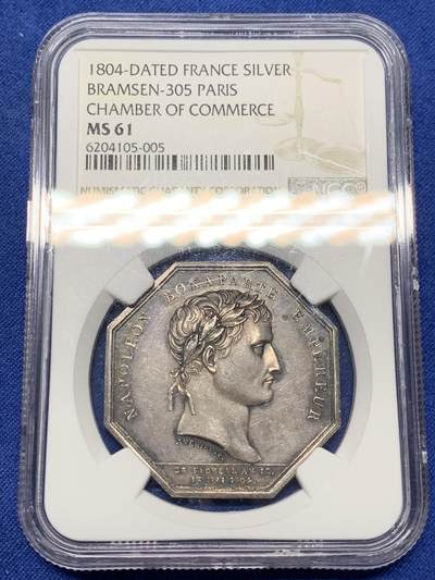 《竞宝斋》第471场 周日，周一，周二 3场连拍 （全场包邮）欢迎送拍 - NGC MS61 法国1804年拿破仑像-商会八角银质Jeton ，光边原铸。对边35mm大规格，原味老包浆。极少见的拿破仑八角银章，拿皇头像的任何原铸银章都非常难得，MS品都是国际拍卖热点。