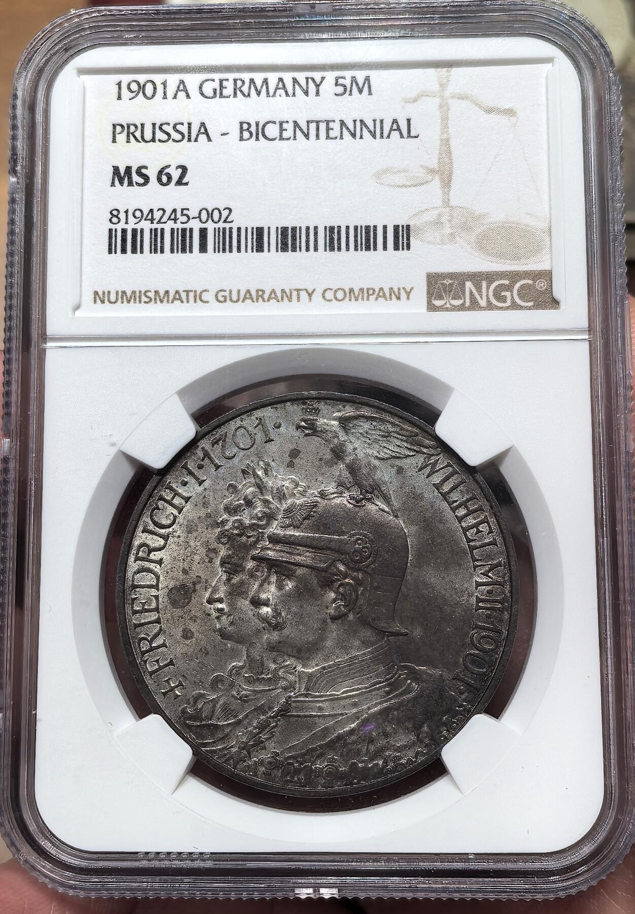 南宋泉阁俄币 外币 国币 专场第二十二期 【送拍无额外佣金】 德国 普鲁士 1901年 建国5马克大银币 NGC评级MS62分 老包浆好品 值得入藏