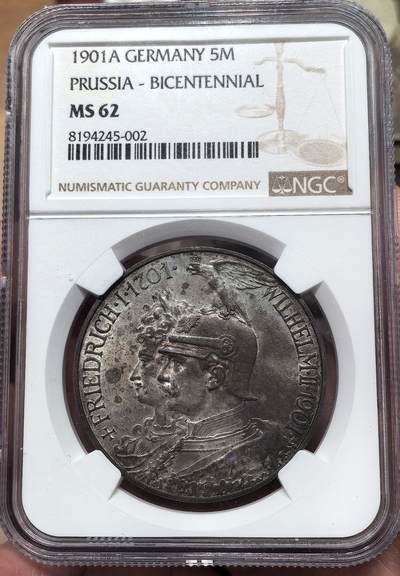 南宋泉阁俄币 外币 国币 专场第二十二期 【送拍无额外佣金】 - 德国 普鲁士 1901年 建国5马克大银币 NGC评级MS62分 老包浆好品 值得入藏