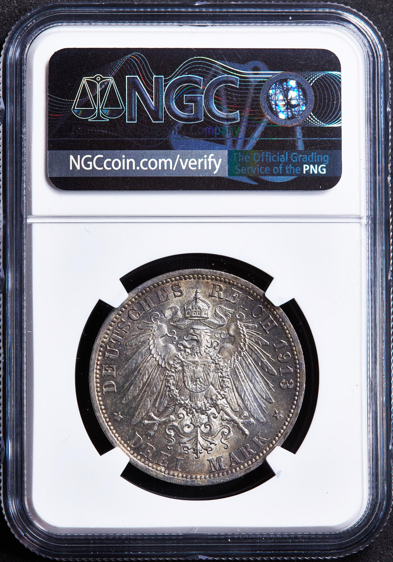 【俄甄集藏】2026年(049)03-18星期三 晚 19:30 全场包邮 德国普鲁士1913年A版威廉二世军装3马克银币，NGC MS62，五彩包浆，转光品相