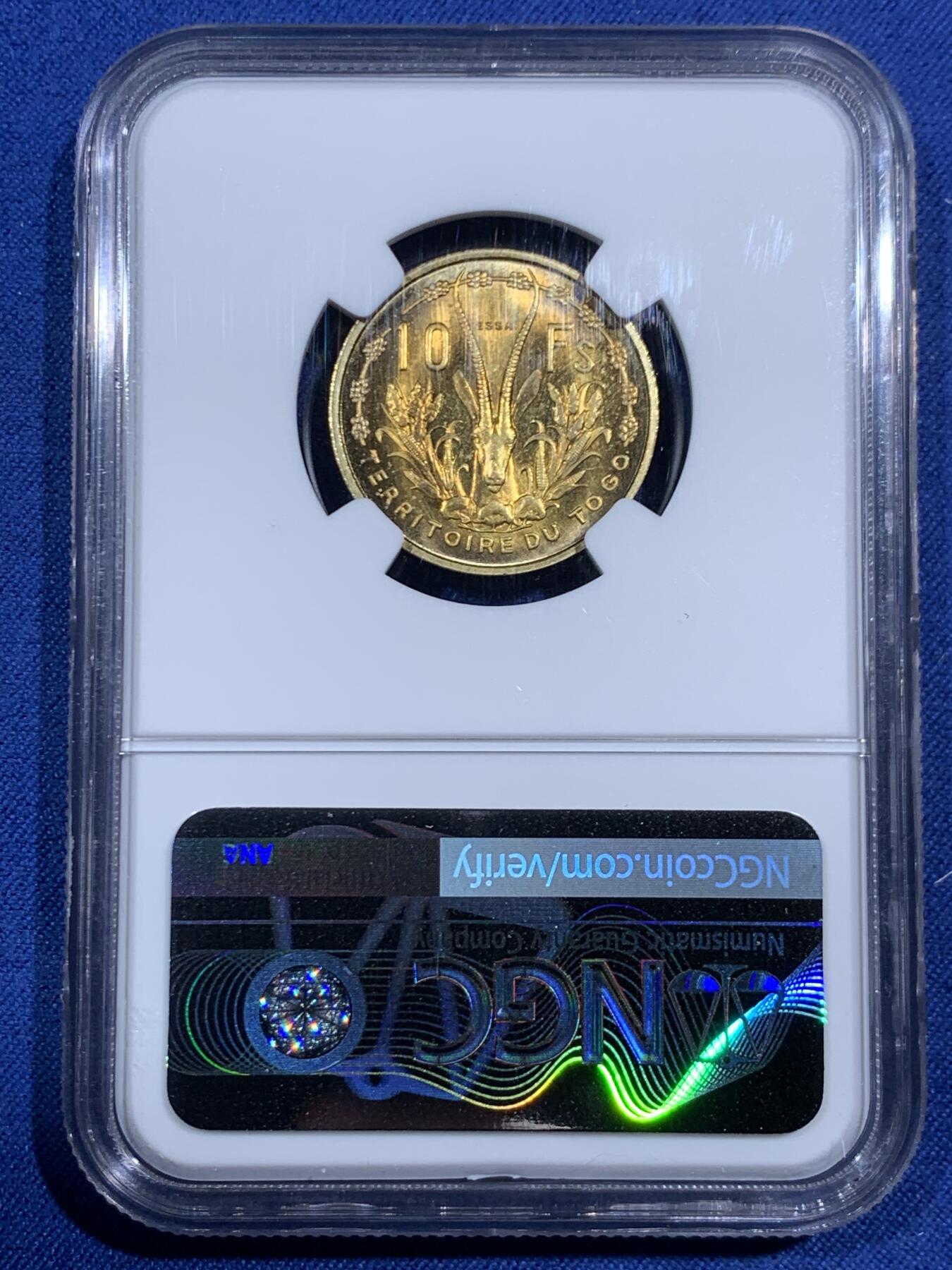 《竞宝斋》第471场 周日，周一，周二 3场连拍 （全场包邮）欢迎送拍 3枚一组 NGC MS63-64 法属多哥 1956年 5/10/25法郎 ESSAI样币 3枚一组确实不易 10法郎N标签面值错误 可自行联系N免费更换