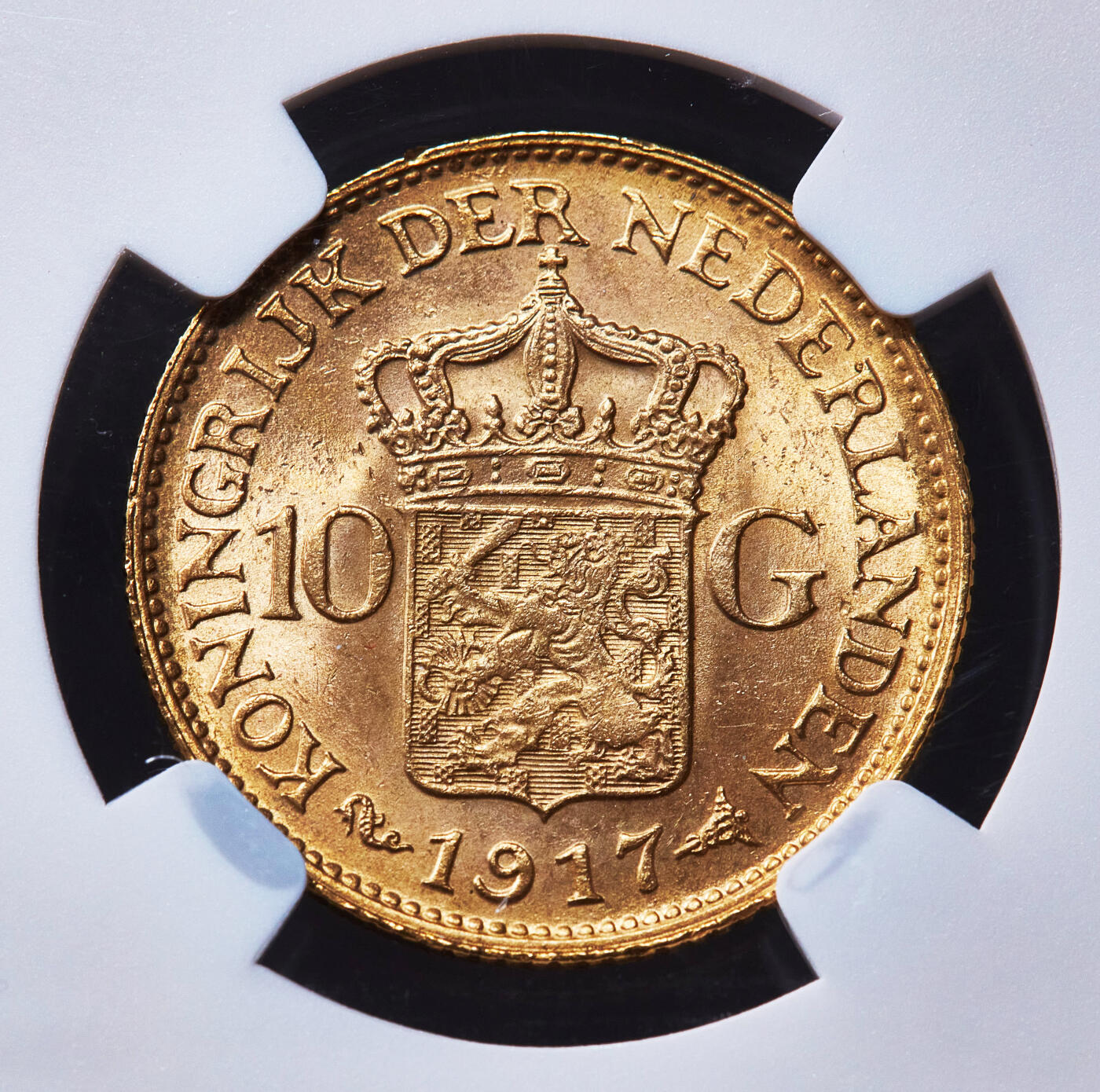 【俄甄集藏】2026年(049)03-18星期三 晚 19:30 全场包邮 荷兰1917年威廉明娜女王10盾金币，NGC UNCD，重6.729克，900金，转光品相