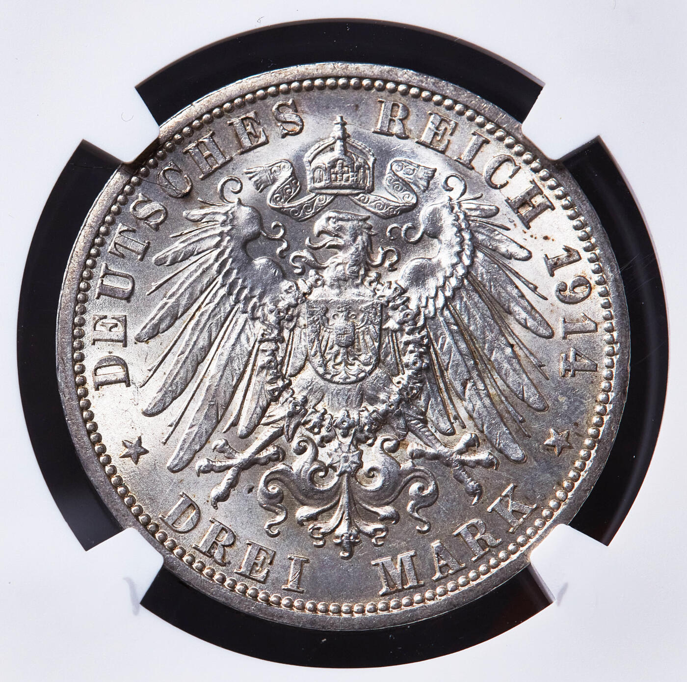 【俄甄集藏】2026年(049)03-18星期三 晚 19:30 全场包邮 德国普鲁士1914年A版威廉二世军装3马克银币，NGC MS63，黄油彩老包浆，转光品相，少见年份版本