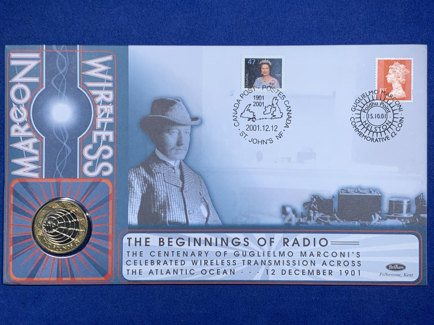 《竞宝斋》第471场 周日，周一，周二 3场连拍 （全场包邮）欢迎送拍 英国2001年无线电百年2英镑双色纪念币，邮币封