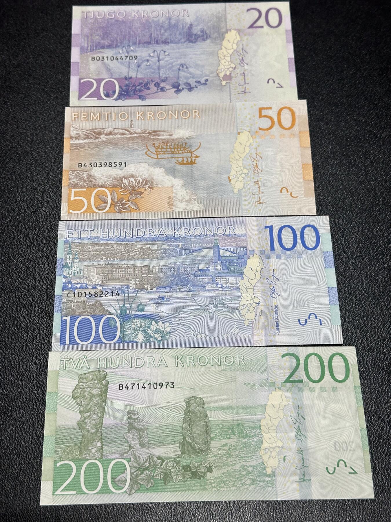 《外钞收藏家》第六百一十八期（精品场）（长期征集拍品、欢迎藏友们联系合作） 瑞典新版20/50/100/200克朗文化名人系列四张一套（绝品）	绝品