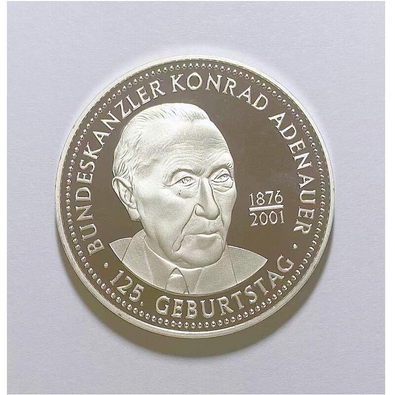 德国2001年 国父阿登纳+鹰徽州徽 高浮雕精制大镀银章 40MM