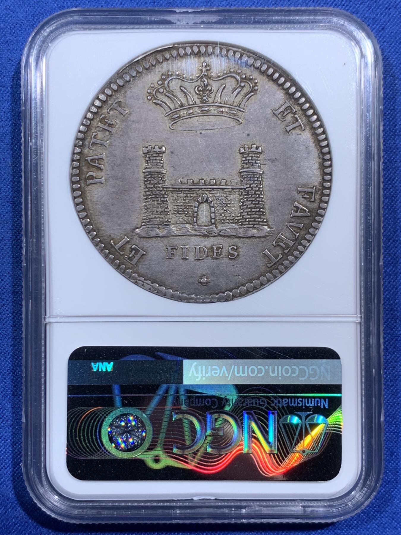 《竞宝斋》第471场 周日，周一，周二 3场连拍 （全场包邮）欢迎送拍 唯一冠军分 NGC AU58 意大利 1708年  托斯卡纳大公国  科西莫三世 城堡泰勒大银币 币胚完整全深打 少之又少 裸币意大利拍卖2W购入 高点极好 低评明显