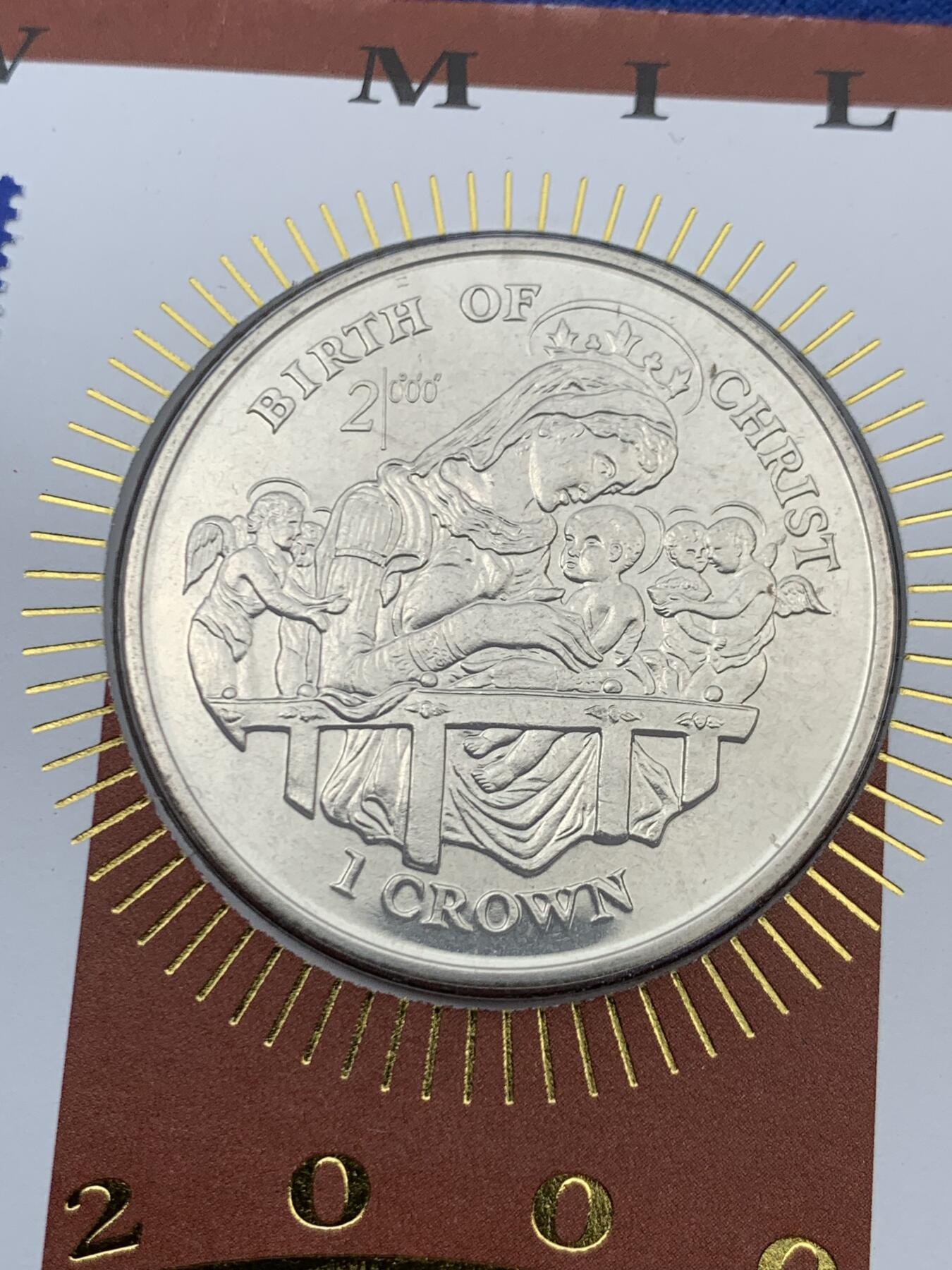 《竞宝斋》第471场 周日，周一，周二 3场连拍 （全场包邮）欢迎送拍 英国马恩岛1997年基督出生2000周年1克朗纪念币，邮币封