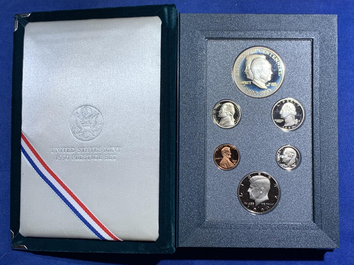 《竞宝斋》第471场 周日，周一，周二 3场连拍 （全场包邮）欢迎送拍 1990年美国Prestige套装，含6枚硬币，带原盒和证书，其中最大的一枚是900银的艾森豪威尔百年纪念银币含26.73克纯银。