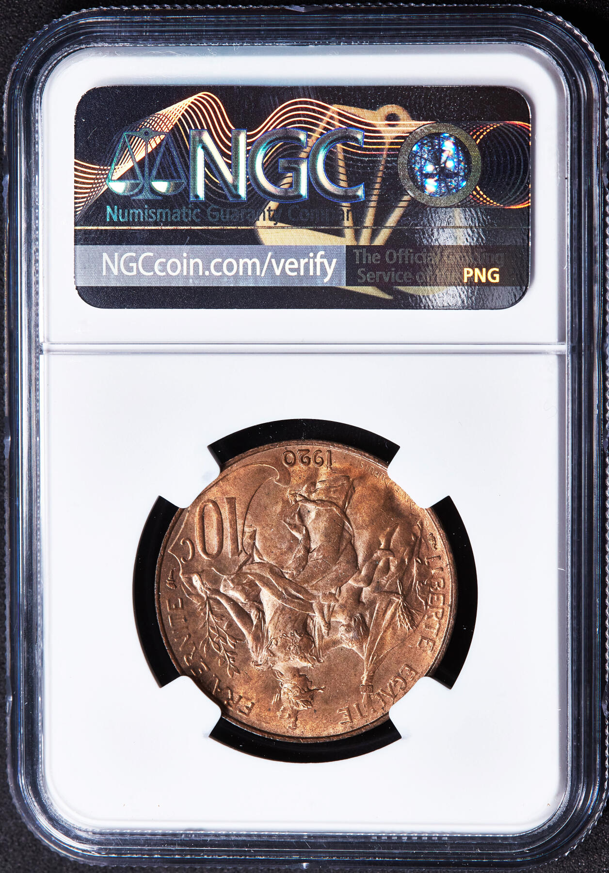 【俄甄集藏】2026年(049)03-18星期三 晚 19:30 全场包邮 法国1920年玛丽安娜弗里吉亚自由帽头像谷物女神10分铜币，NGC MS64RB，原铜光转光品相