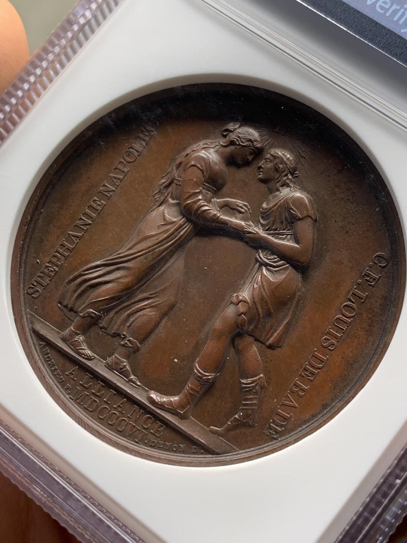 《竞宝斋》第471场 周日，周一，周二 3场连拍 （全场包邮）欢迎送拍 NGC MS63BN 法国1806年拿破仑原铸铜章 与巴登公国联姻 高分 巴黎造币厂紫檀色包浆 头顶光芒四射的