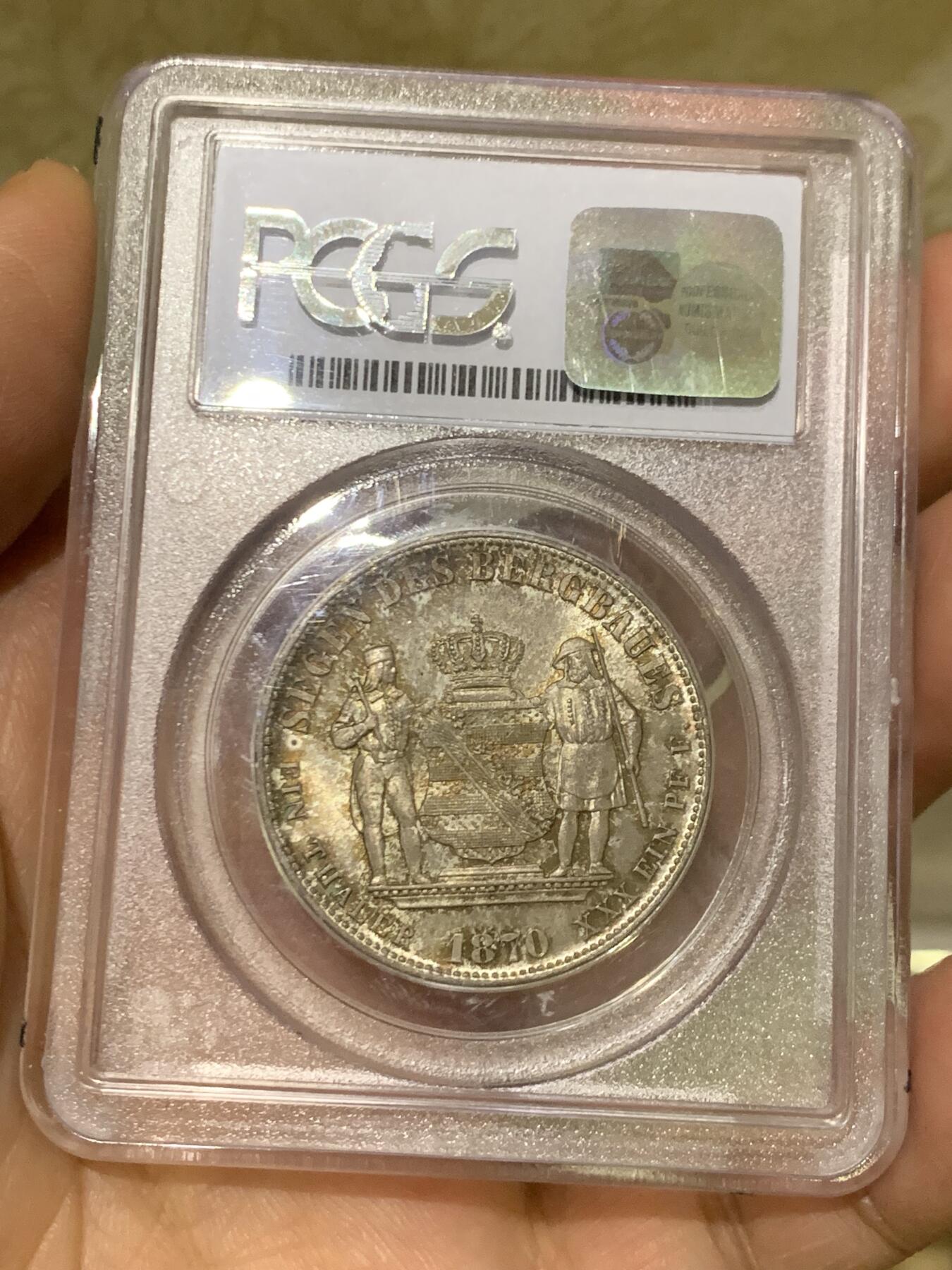 《竞宝斋》第471场 周日，周一，周二 3场连拍 （全场包邮）欢迎送拍 PCGS MS66 德国 1870B 萨克森矿业泰勒 亚军分！PCGS老盒严评，图案高点十分锐利。