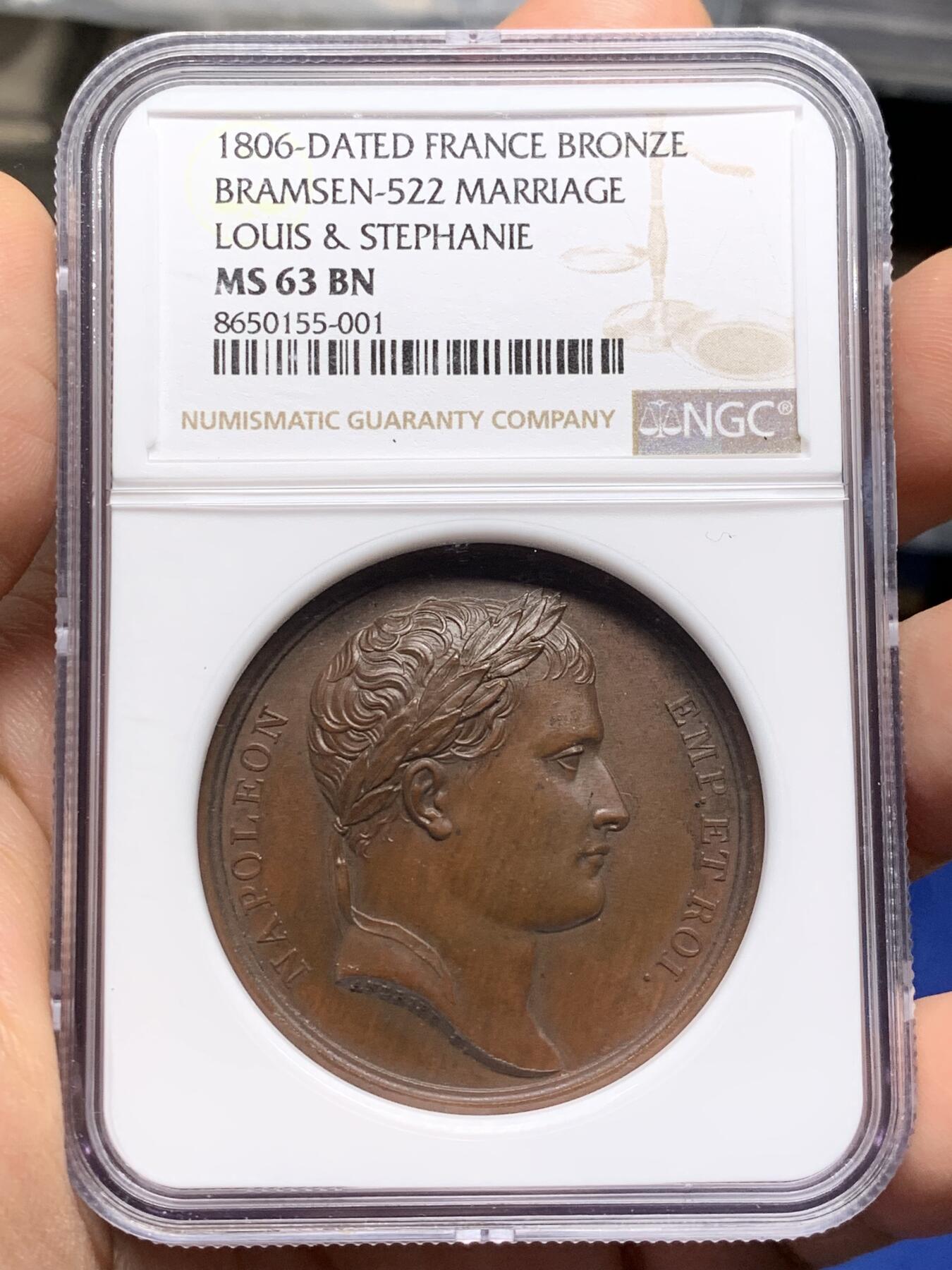 《竞宝斋》第471场 周日，周一，周二 3场连拍 （全场包邮）欢迎送拍 NGC MS63BN 法国1806年拿破仑原铸铜章 与巴登公国联姻 高分 巴黎造币厂紫檀色包浆 头顶光芒四射的