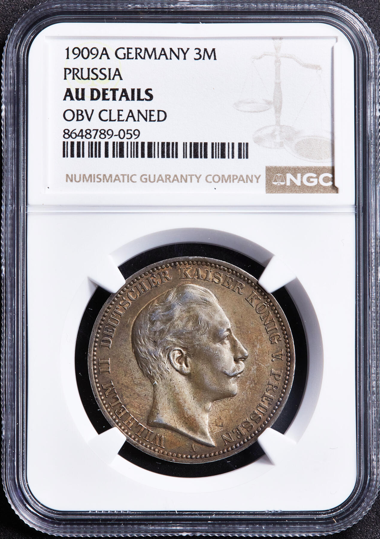 【俄甄集藏】2026年(049)03-18星期三 晚 19:30 全场包邮 德国普鲁士1909年A版威廉二世3马克银币，NGC AUD，黄油金彩原味老包浆，原光品相，疑似错杀，味道一流