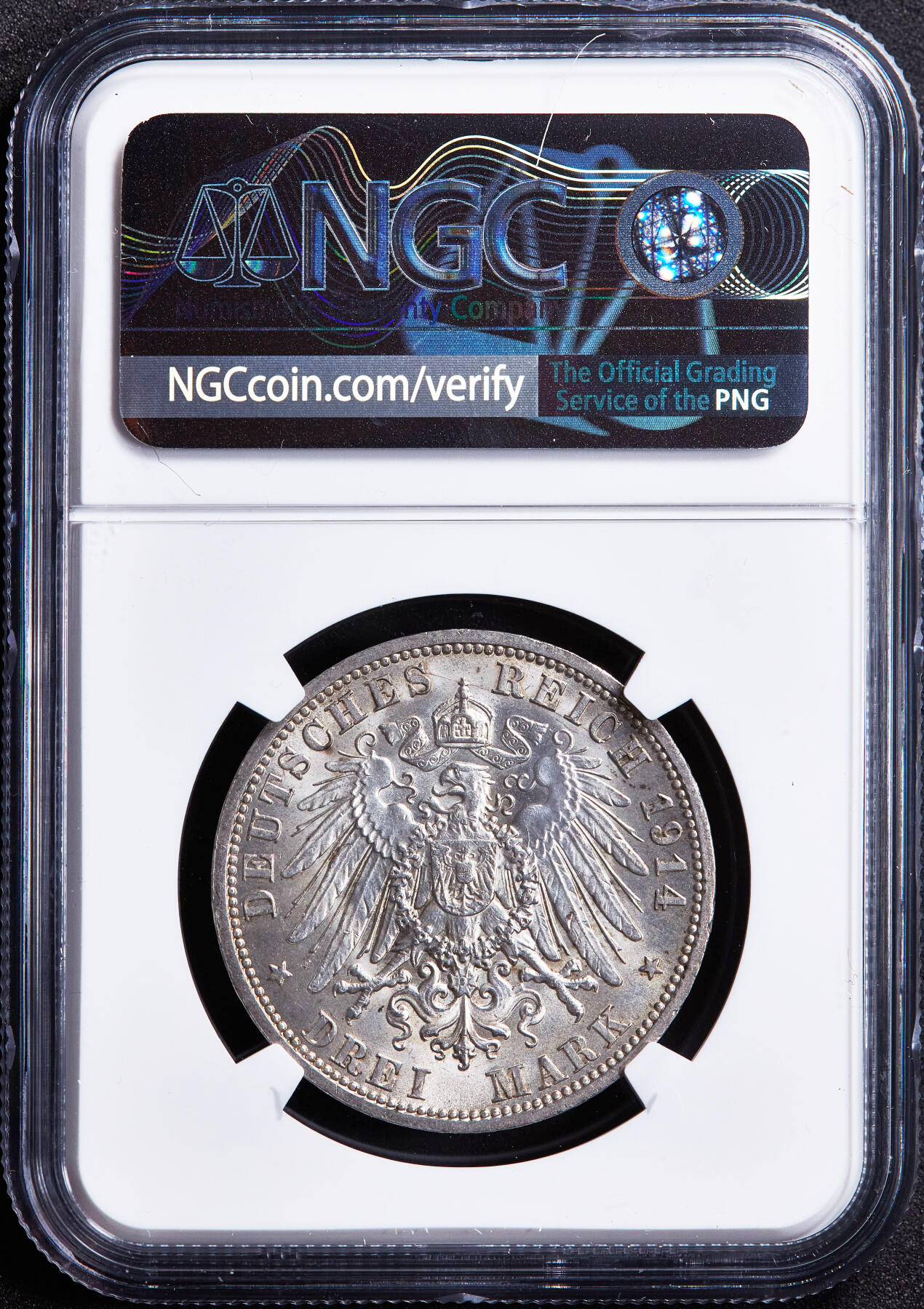 【俄甄集藏】2026年(049)03-18星期三 晚 19:30 全场包邮 德国普鲁士1914年A版威廉二世军装3马克银币，NGC MS63，黄油彩老包浆，转光品相，少见年份版本