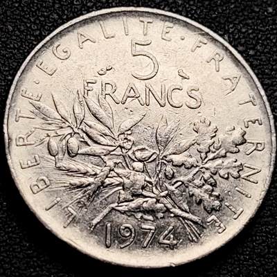 泉币菌-第212场-拍品多 请提前出价（工作最近较忙 发货不及时，望理解） - 法国早期（1974年）5法郎大镍币 29MM 播种女神 入欧前末版 绝版币