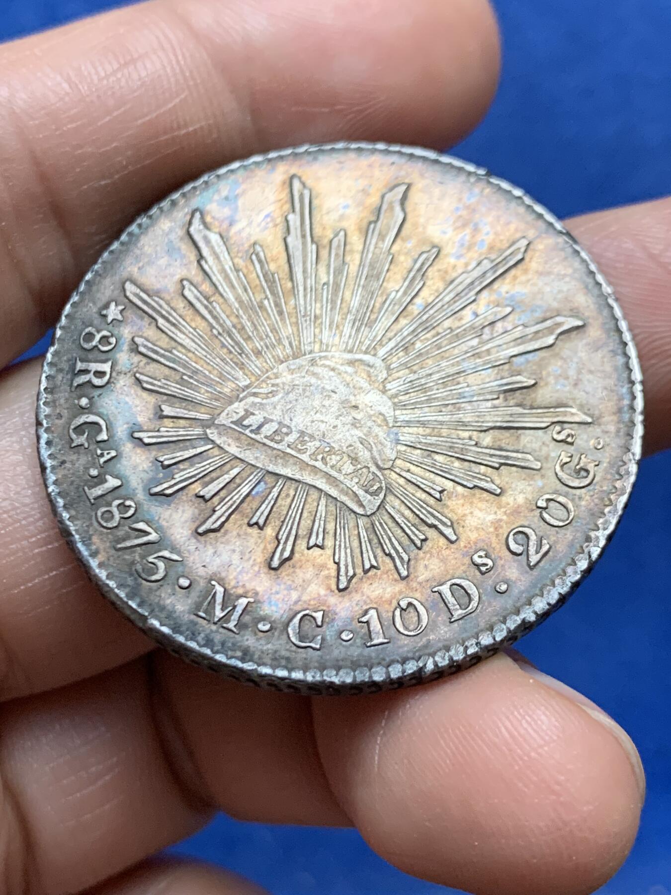 《竞宝斋》第471场 周日，周一，周二 3场连拍 （全场包邮）欢迎送拍 墨西哥1875年GA MC版花边鹰洋8里亚尔银币，五彩包浆漂亮