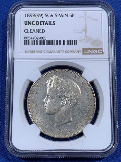 《竞宝斋》第471场 周日，周一，周二 3场连拍 （全场包邮）欢迎送拍 - NGC UNCD 西班牙1899年阿方索少年头5比塞塔银币