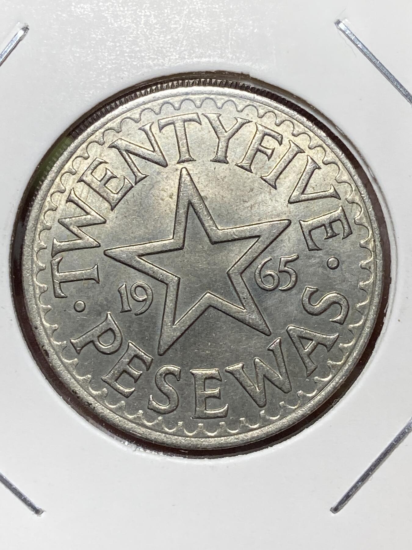 2026年第三十六场(总第二百零五场）外国精品纸夹币场(免佣金) 稀少好品–加纳🇬🇭1965单年份25比塞瓦(第二套流通硬币)