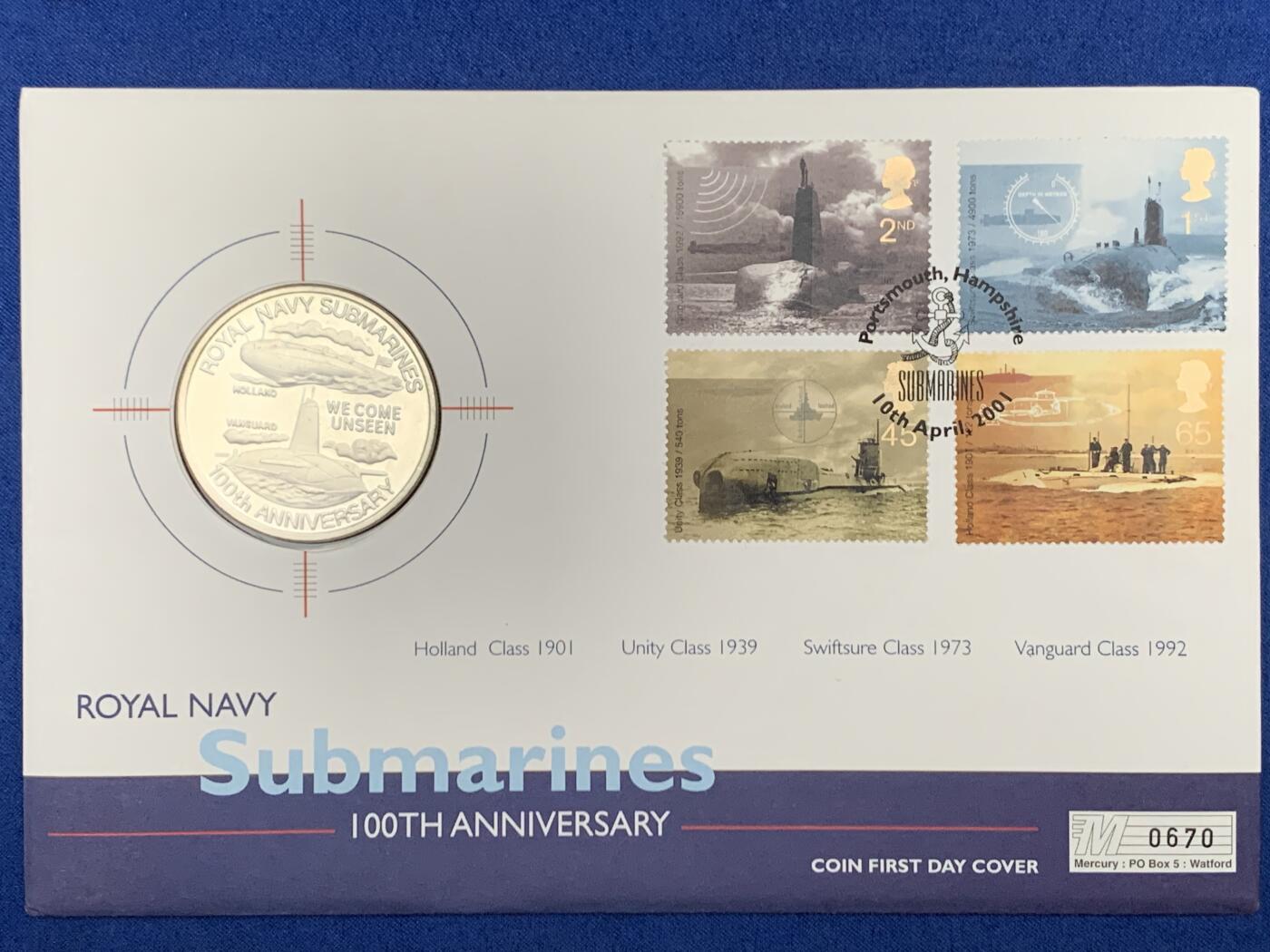 《竞宝斋》第471场 周日，周一，周二 3场连拍 （全场包邮）欢迎送拍 2001年英属特克斯和凯科斯群岛5克朗纪念币皇家海军潜艇部队成立100周年纪念邮币封首日封