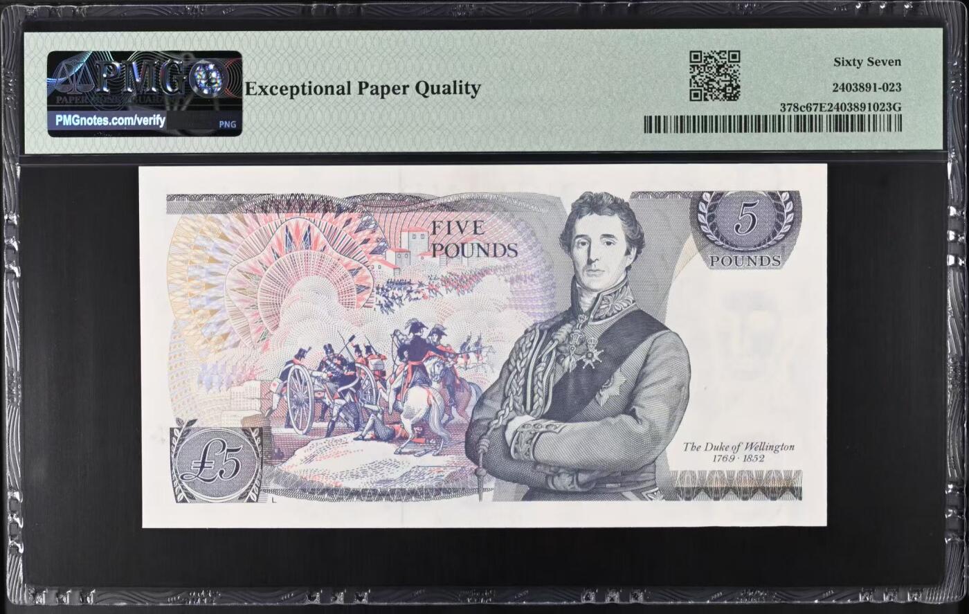 《外钞收藏家》第六百一十八期（精品场）（长期征集拍品、欢迎藏友们联系合作） 1980-87年英国D序列5镑 PMG67 无47