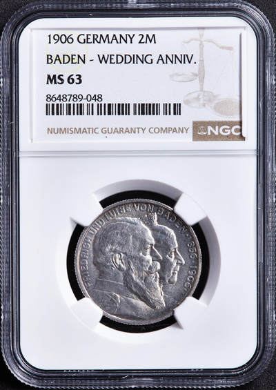 【俄甄集藏】2026年(049)03-18星期三 晚 19:30 全场包邮 - 德国巴登1906年弗里德里希一世金婚2马克银币，NGC MS63，转光品相，铸纹清晰，经典品种