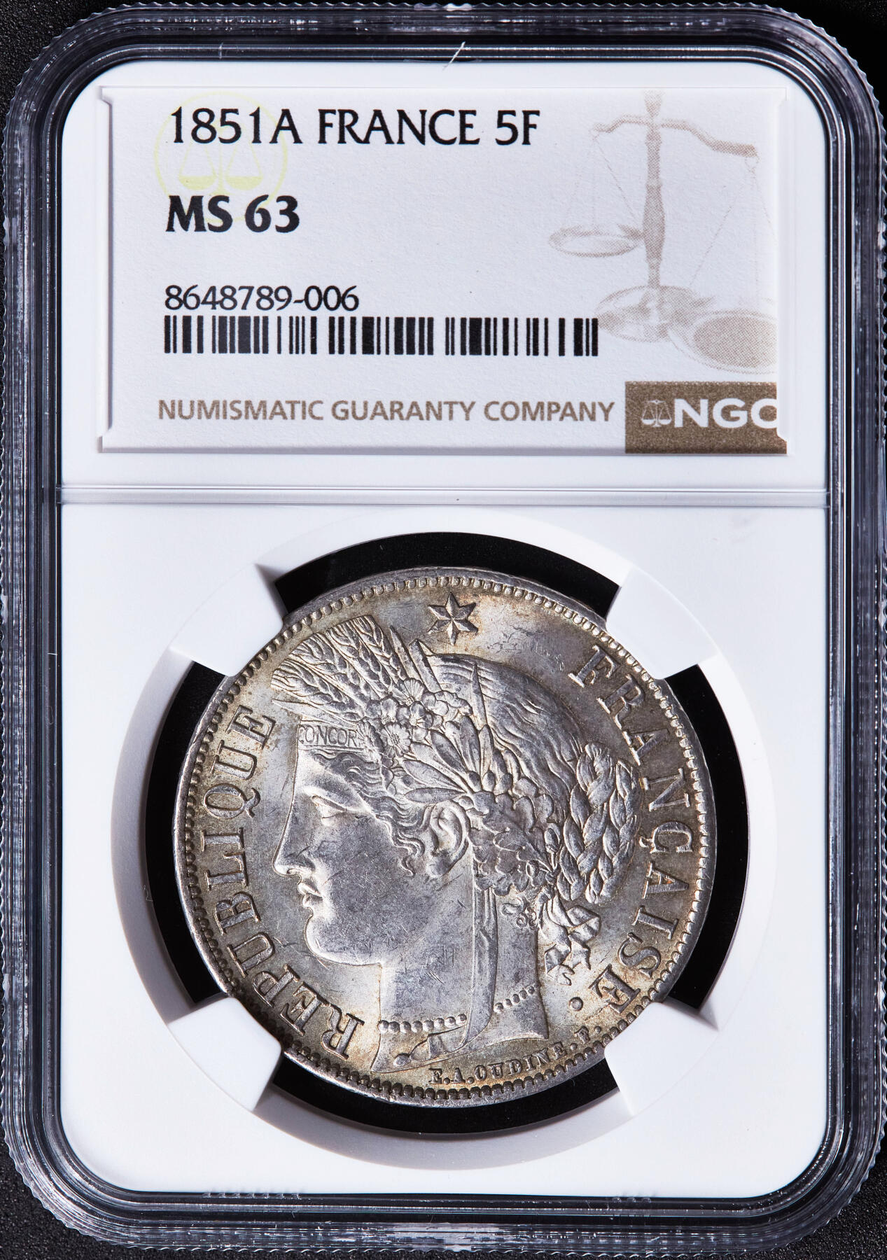 【俄甄集藏】2026年(049)03-18星期三 晚 19:30 全场包邮 法国1851年第二共和国A版谷物女神头像5法郎大银币，NGC MS63，黄油环彩，转光品相，经典品种