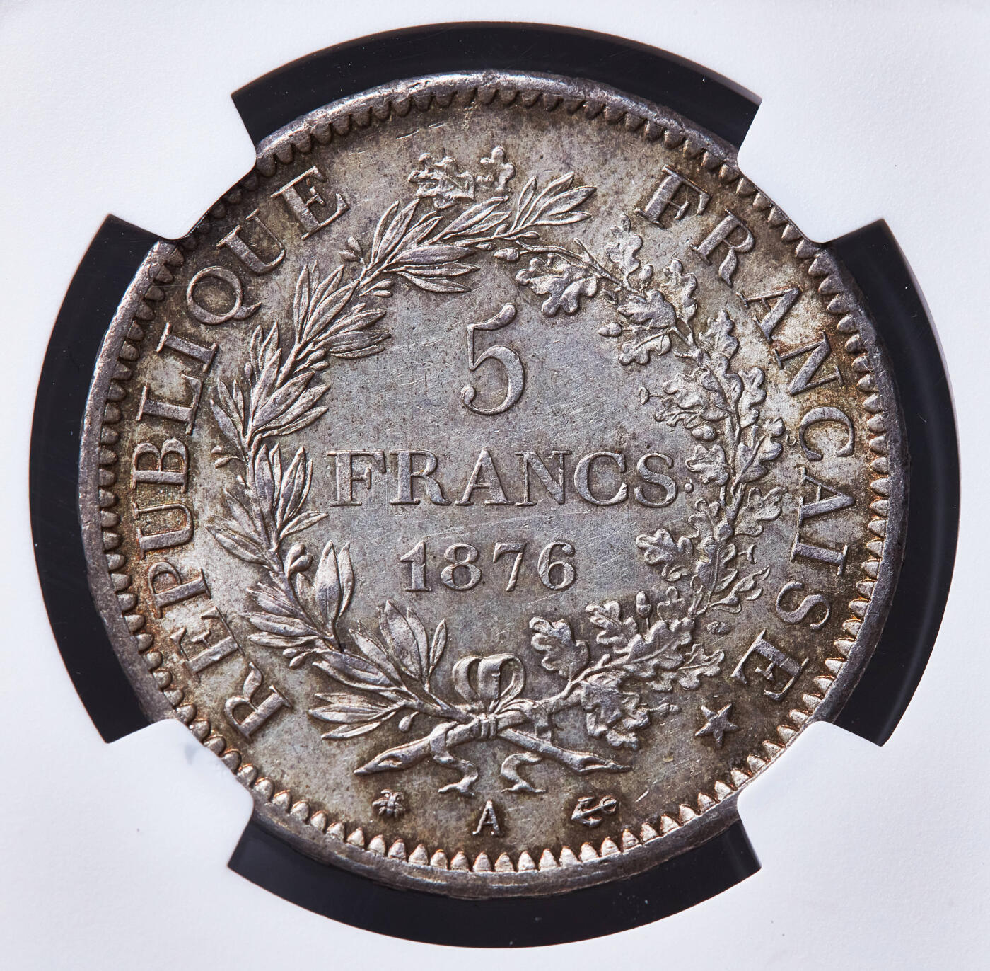 【俄甄集藏】2026年(049)03-18星期三 晚 19:30 全场包邮 法国1876年A版大力神5法郎大银币，NGC MS63，黄油彩老包浆，原光品相