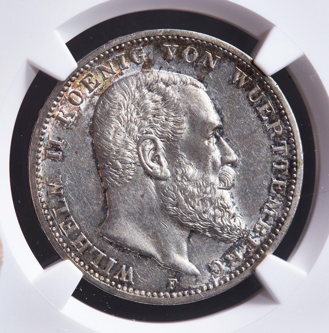 【俄甄集藏】2026年(049)03-18星期三 晚 19:30 全场包邮 德国符腾堡1914年威廉二世F版3马克银币，NGC MS62，五彩环彩，转光品相