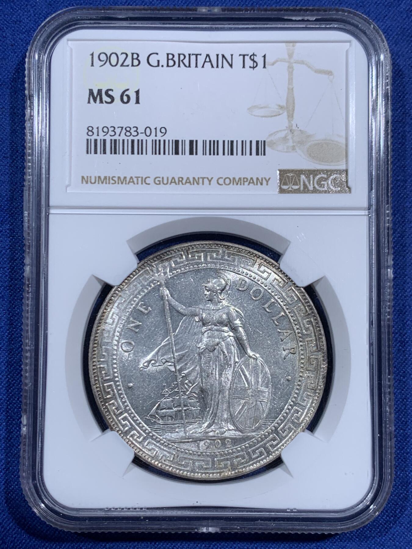 《竞宝斋》第471场 周日，周一，周二 3场连拍 （全场包邮）欢迎送拍 NGC MS61 英国 1902年B版 站人壹圆银币 少见年份 底板极好 感觉低评了