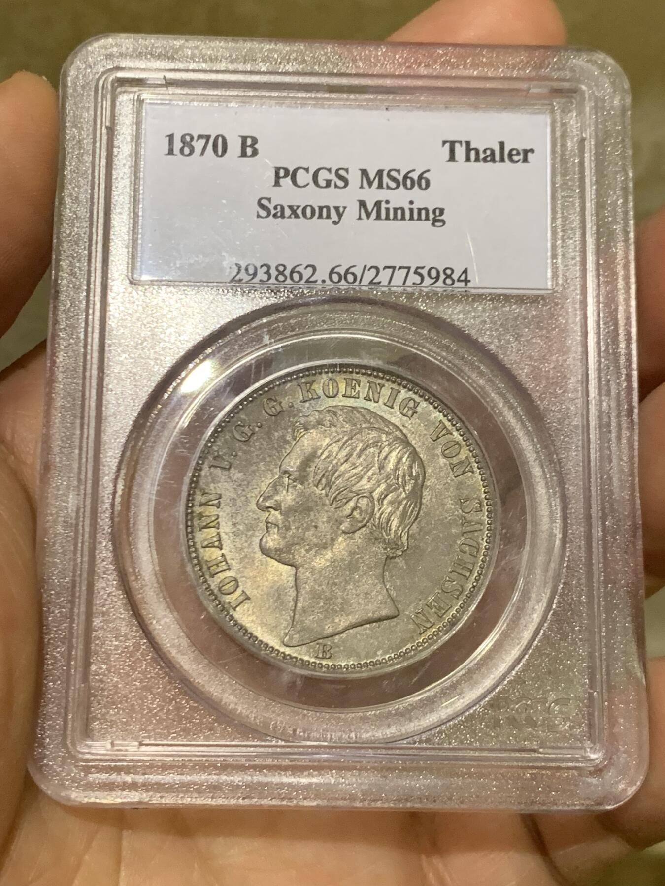 《竞宝斋》第471场 周日，周一，周二 3场连拍 （全场包邮）欢迎送拍 PCGS MS66 德国 1870B 萨克森矿业泰勒 亚军分！PCGS老盒严评，图案高点十分锐利。