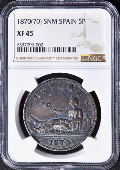 【俄甄集藏】2026年(049)03-18星期三 晚 19:30 全场包邮 - 西班牙1870年光荣革命时期骑字版自由女神拿花5比塞塔大银币，NGC XF45，紫罗兰酱彩老包浆，味道佳