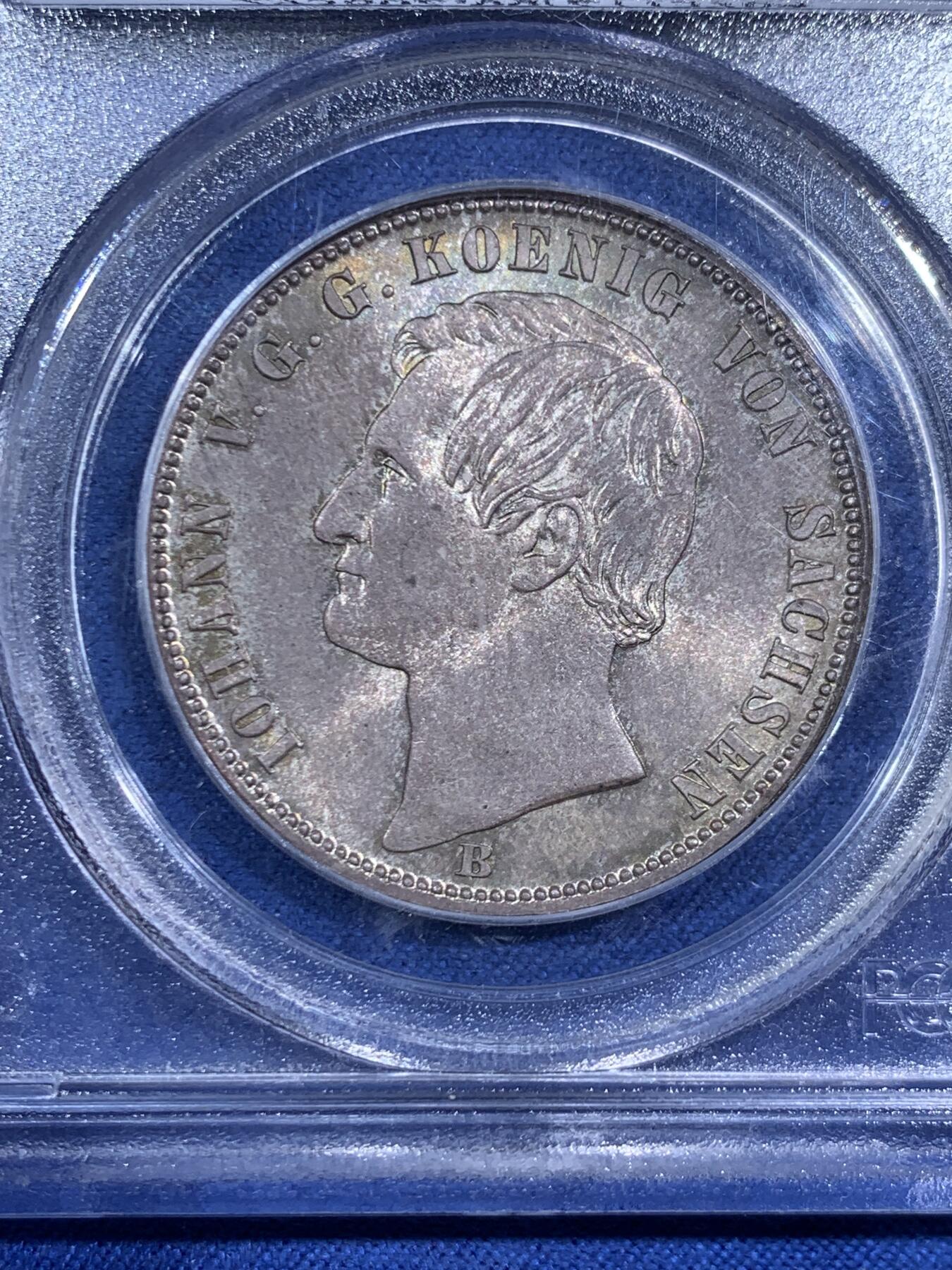 《竞宝斋》第471场 周日，周一，周二 3场连拍 （全场包邮）欢迎送拍 PCGS MS66 德国 1870B 萨克森矿业泰勒 亚军分！PCGS老盒严评，图案高点十分锐利。