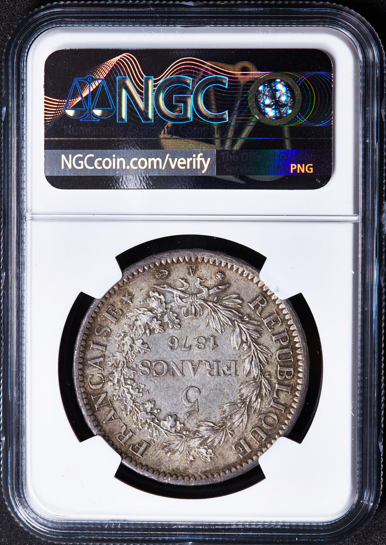 【俄甄集藏】2026年(049)03-18星期三 晚 19:30 全场包邮 法国1876年A版大力神5法郎大银币，NGC MS63，黄油彩老包浆，原光品相