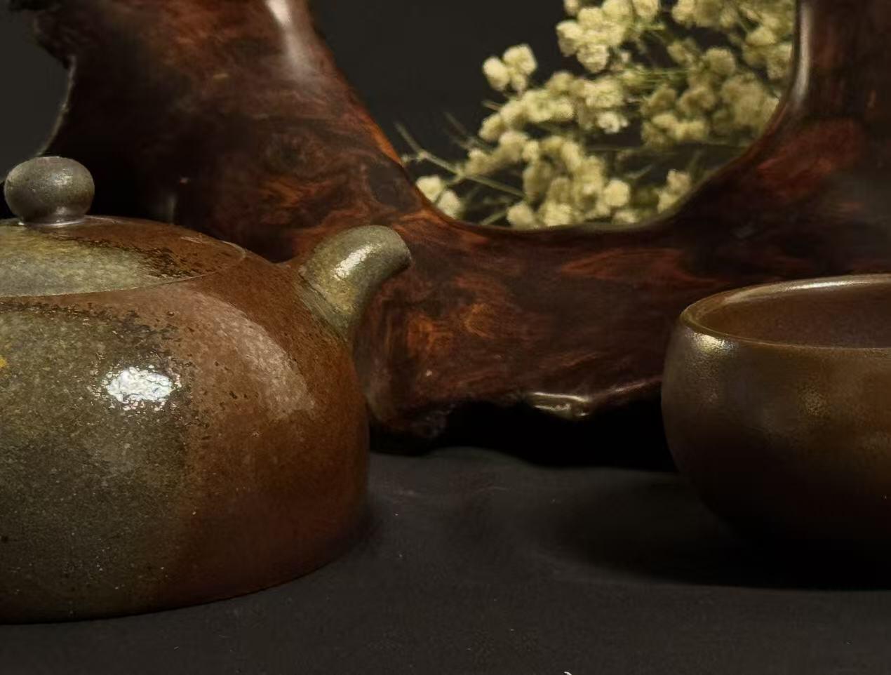 零元拍：原矿紫砂壶柴烧半月+柴烧主人杯（250CC左右）