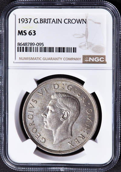 【俄甄集藏】2026年(049)03-18星期三 晚 19:30 全场包邮 - 英国1937年乔治六世国徽版1克朗大银币，NGC MS63，黄油彩包浆，转光品相，经典品种