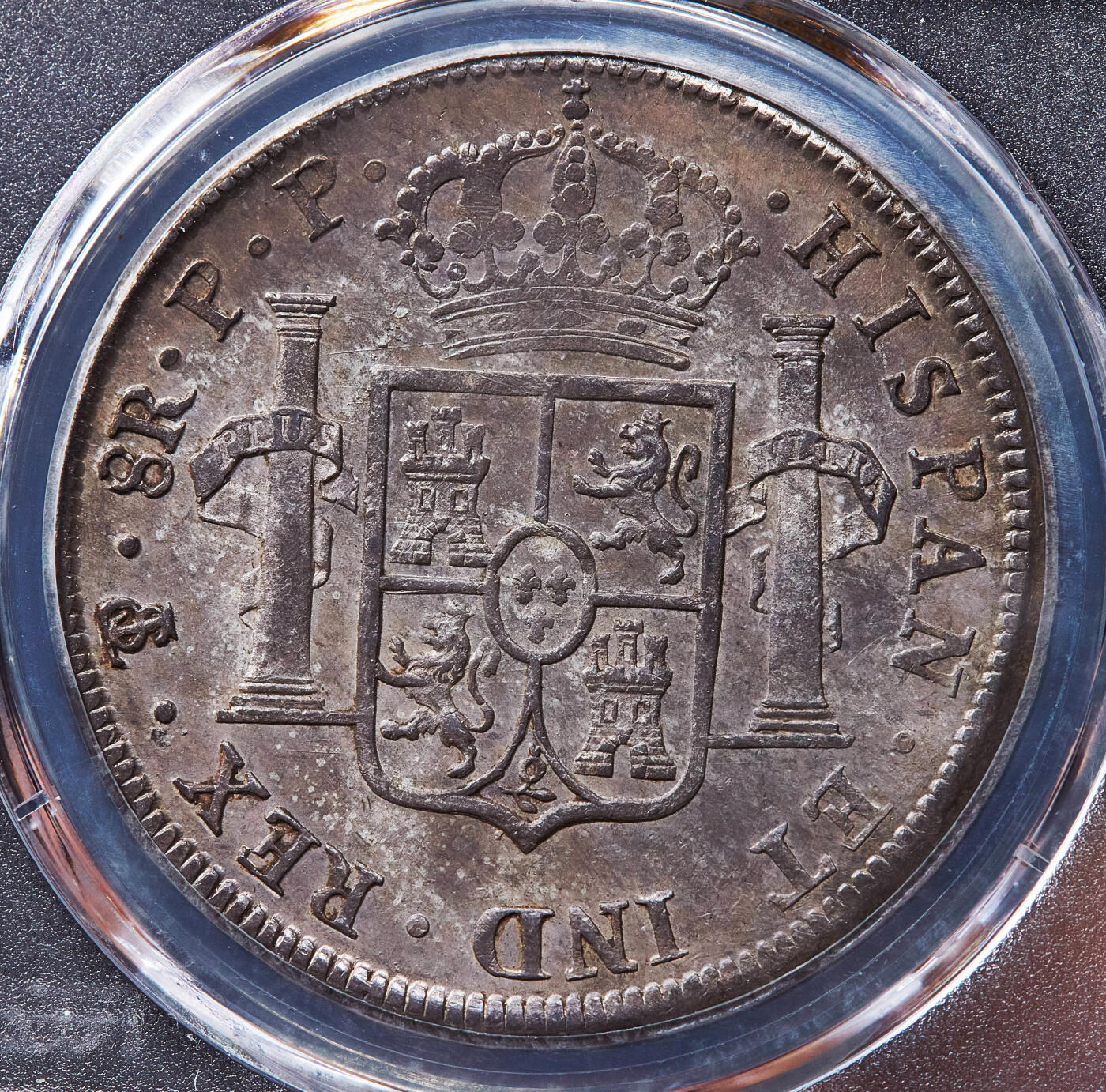 【俄甄集藏】2026年(049)03-18星期三 晚 19:30 全场包邮 西属玻利维亚1797年卡洛斯四世PTS PP版8里亚尔双柱大银币，PCGS AU58，黄油酱彩老包浆，底光犹存，打制周正，味道一流