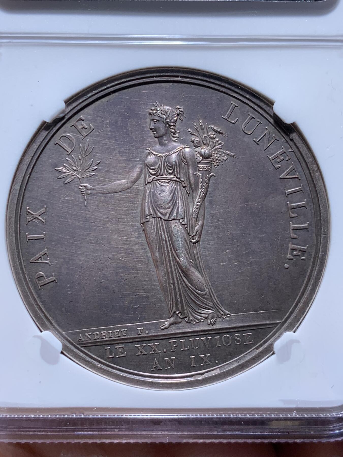 《竞宝斋》第471场 周日，周一，周二 3场连拍 （全场包邮）欢迎送拍 NGC MS61 法国 1801 拿破仑·波拿巴首任法兰西共和国执政官 纪念银章 品质细节极佳 值得入藏的品种