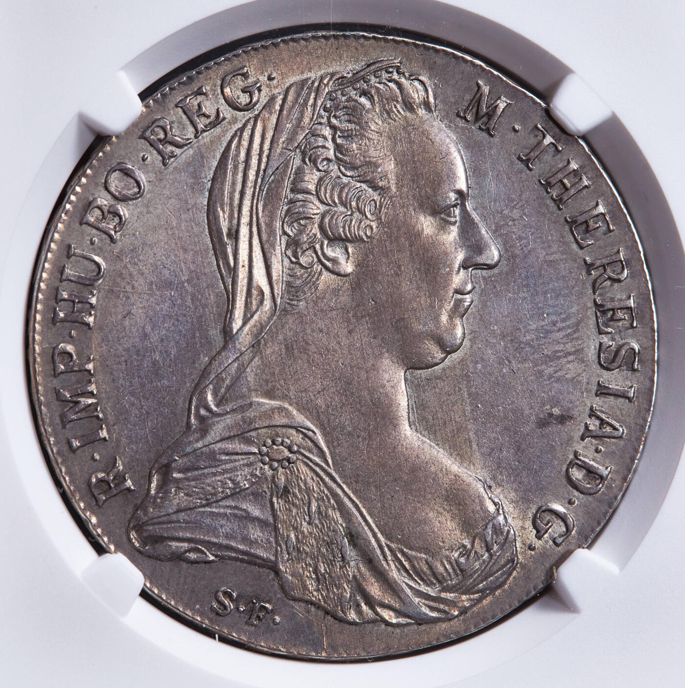 【俄甄集藏】2026年(049)03-18星期三 晚 19:30 全场包邮 神圣罗马帝国-奥地利1780年原铸版玛利亚·特蕾莎皇后SF版1泰勒大奶妈银币，NGC AU58，京茨堡造币厂出品，黄油酱彩老包浆，原光品相，细节犀利，疑似低评，原铸版有这种品相十分难得