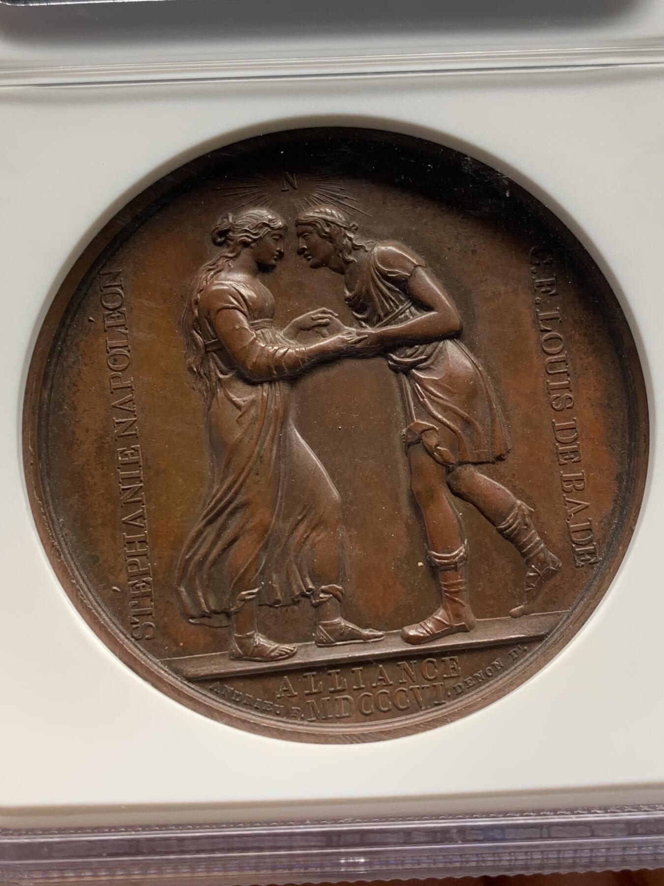 《竞宝斋》第471场 周日，周一，周二 3场连拍 （全场包邮）欢迎送拍 NGC MS63BN 法国1806年拿破仑原铸铜章 与巴登公国联姻 高分 巴黎造币厂紫檀色包浆 头顶光芒四射的