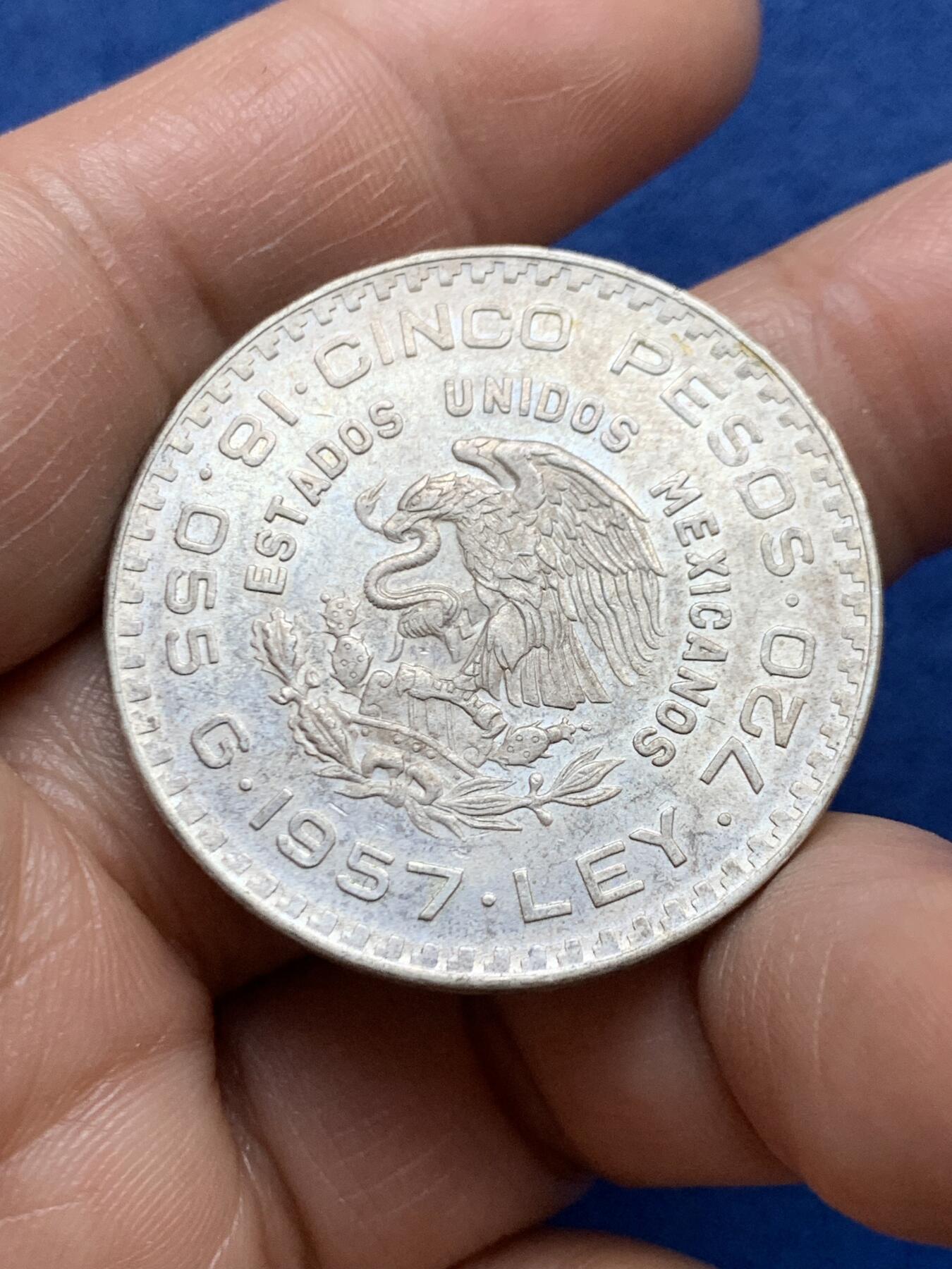 《竞宝斋》第471场 周日，周一，周二 3场连拍 （全场包邮）欢迎送拍 墨西哥 1957年 宪法百年纪念 5比索 银币