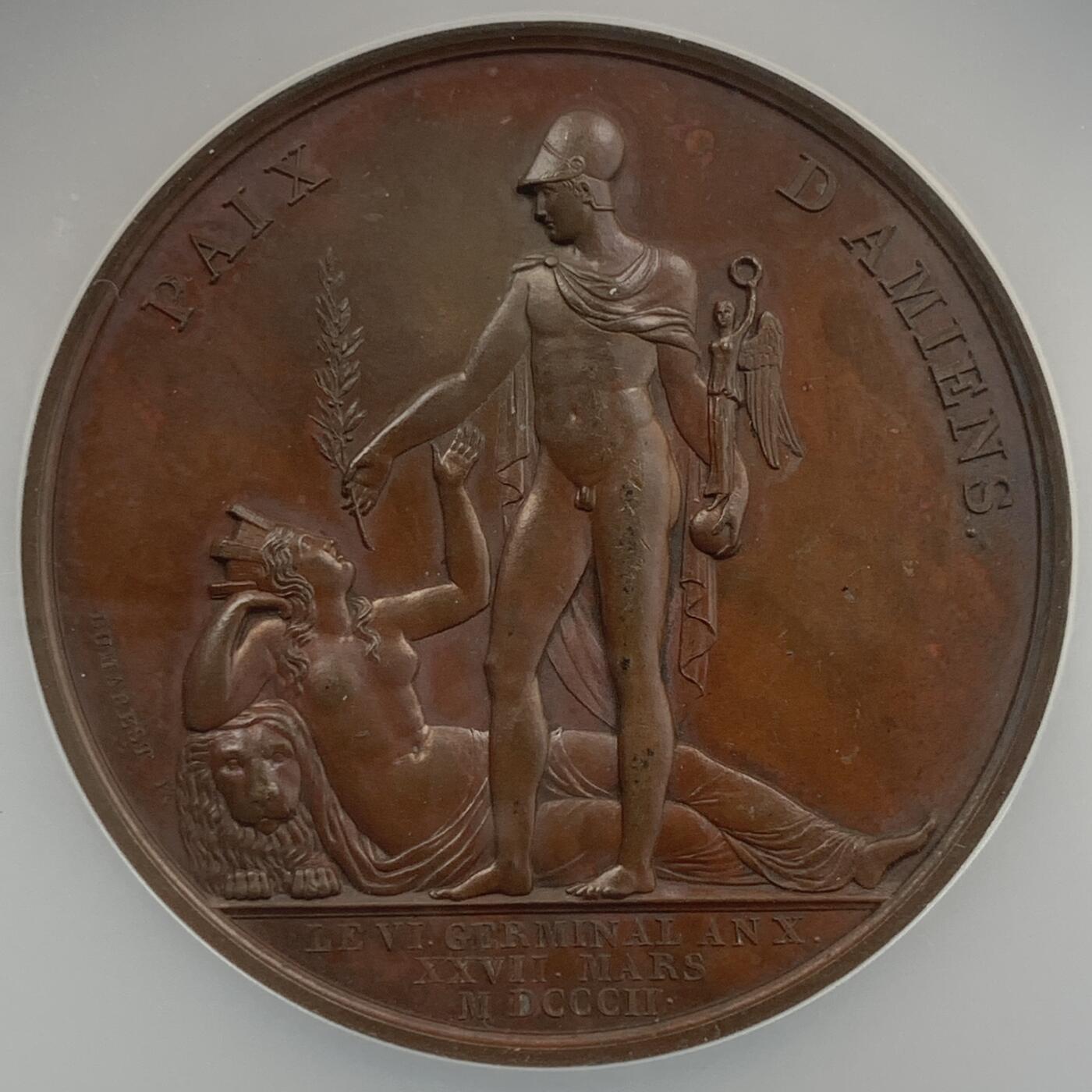 掌中浮雕-藏着的欧洲第055场 NGC MS63 : 1802年法国拿破仑一世亚眠条约纪念大铜章，49mm