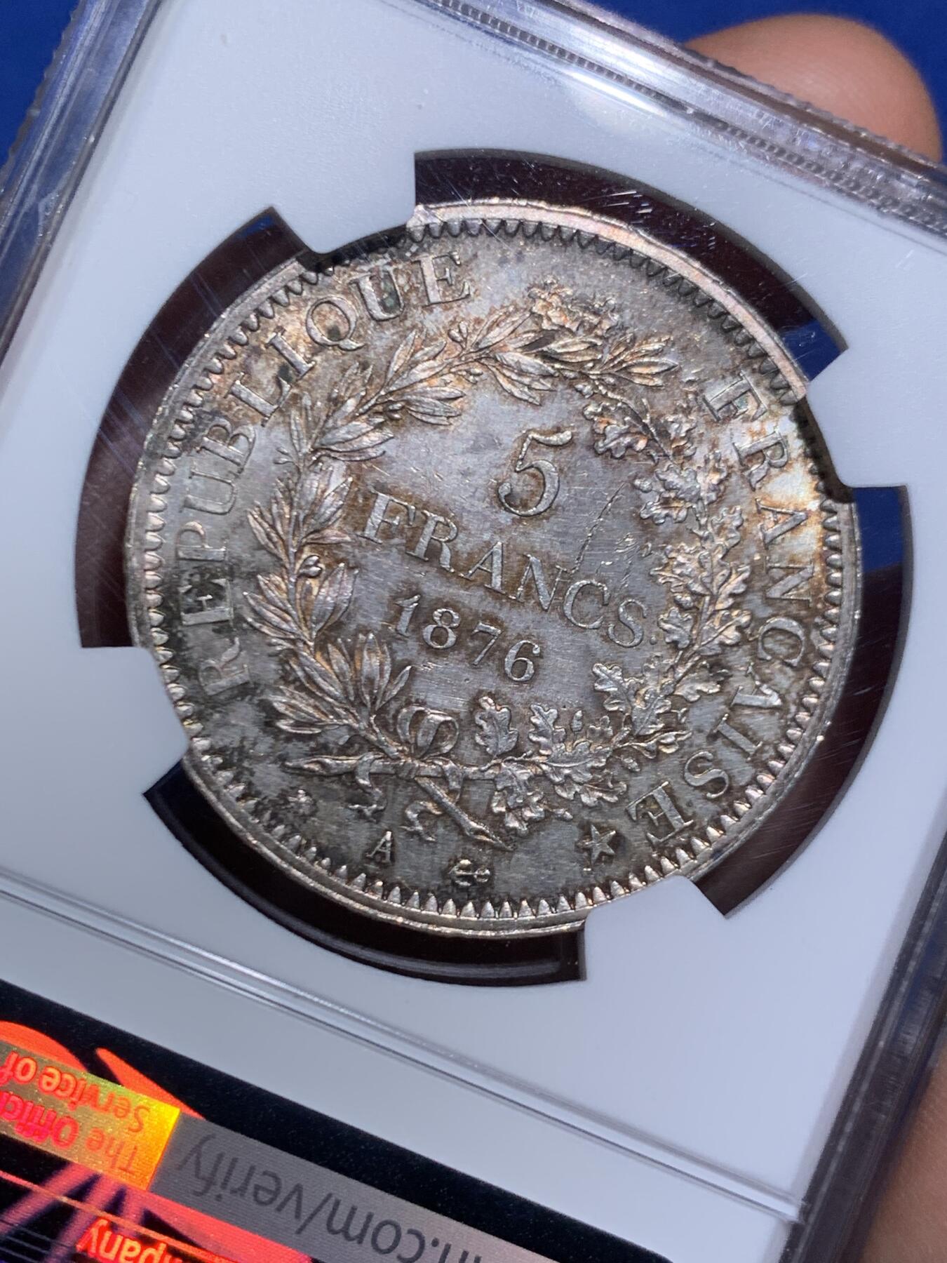 《竞宝斋》第471场 周日，周一，周二 3场连拍 （全场包邮）欢迎送拍 NGC MS63 法国 1876年 A 大力神 5法郎银币 细节见图