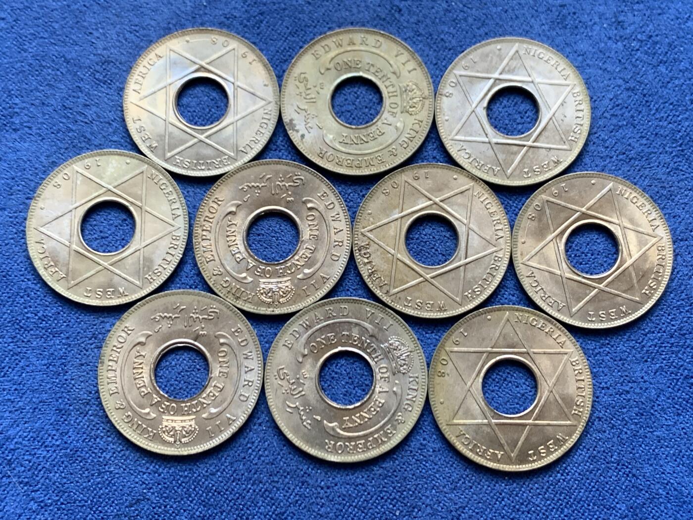 《竞宝斋》第471场 周日，周一，周二 3场连拍 （全场包邮）欢迎送拍 10枚一组 英属西非1908年爱德华七世1/10便士 好品