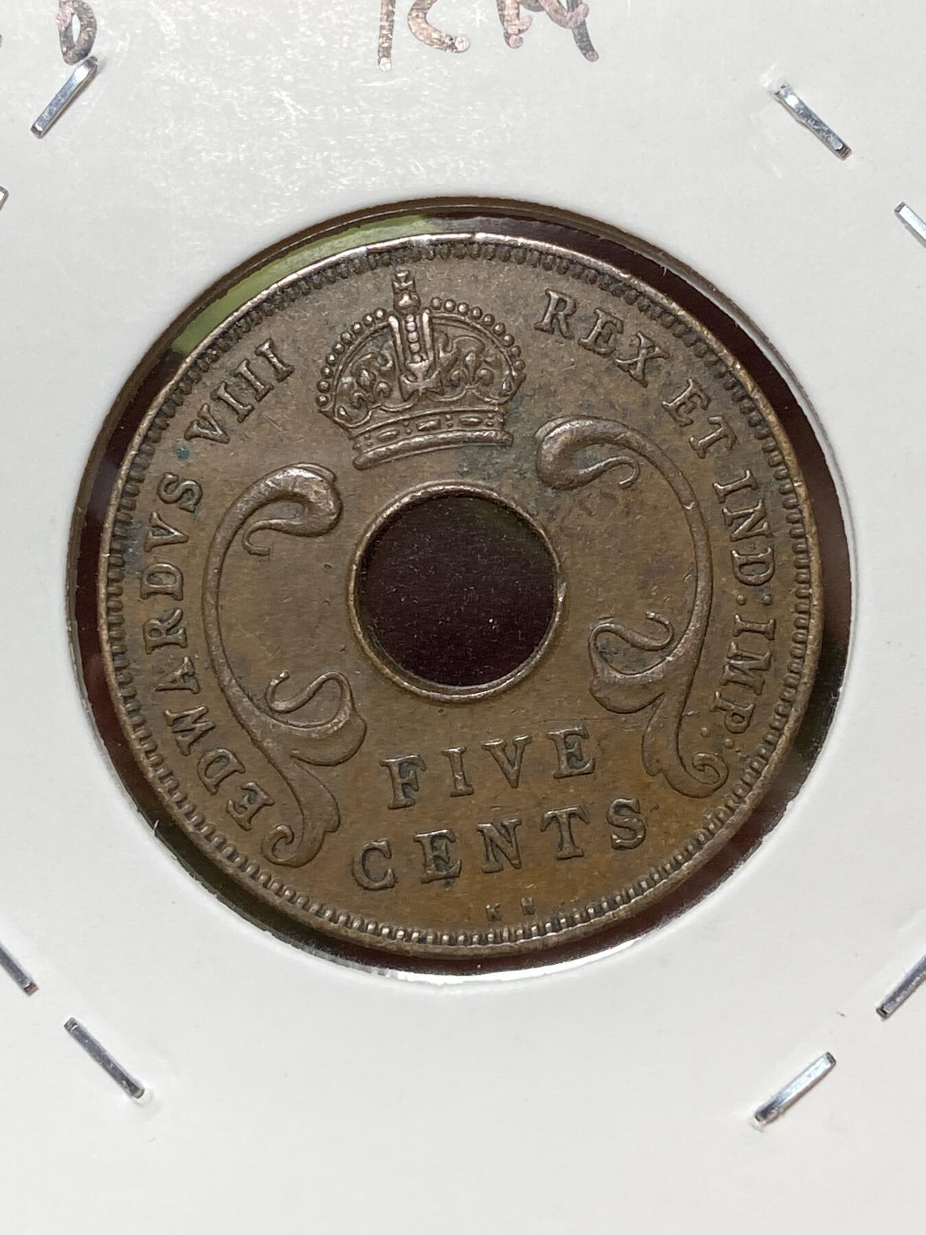 2026年第三十六场(总第二百零五场）外国精品纸夹币场(免佣金) 英属东非1936单年份5分(爱德华八世时期，KN标金斯诺顿厂造)