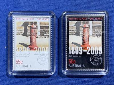 《竞宝斋》第471场 周日，周一，周二 3场连拍 （全场包邮）欢迎送拍 - 澳大利亚2009年55分彩色精制银币邮票套 邮筒200年纪念 999银15.573克 发行量9千 盒证全
