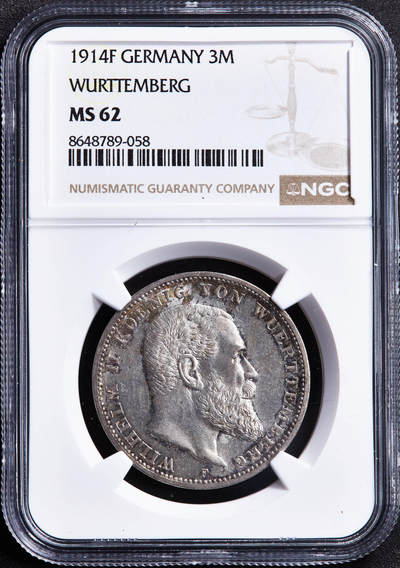 【俄甄集藏】2026年(049)03-18星期三 晚 19:30 全场包邮 - 德国符腾堡1914年威廉二世F版3马克银币，NGC MS62，五彩环彩，转光品相