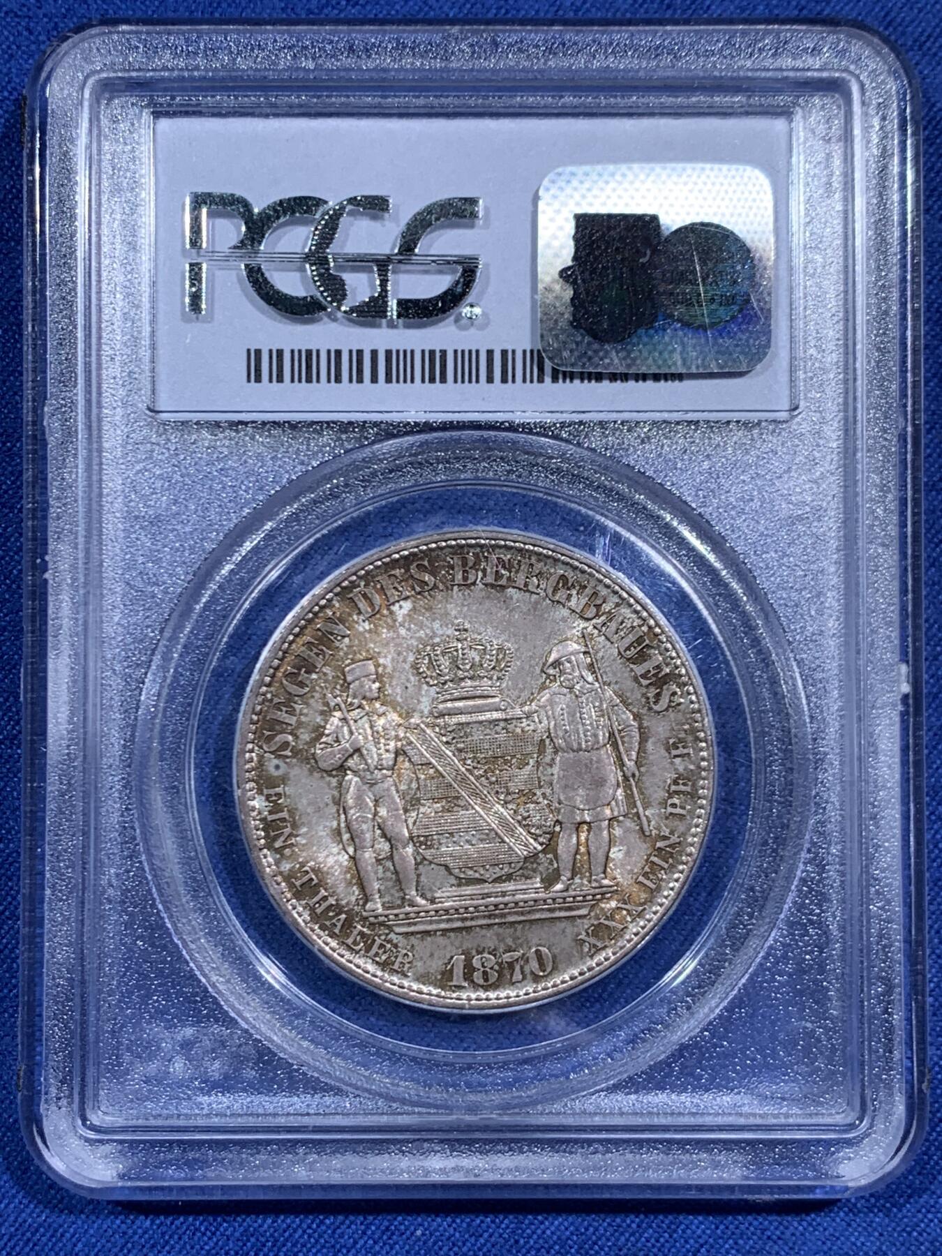 《竞宝斋》第471场 周日，周一，周二 3场连拍 （全场包邮）欢迎送拍 PCGS MS66 德国 1870B 萨克森矿业泰勒 亚军分！PCGS老盒严评，图案高点十分锐利。