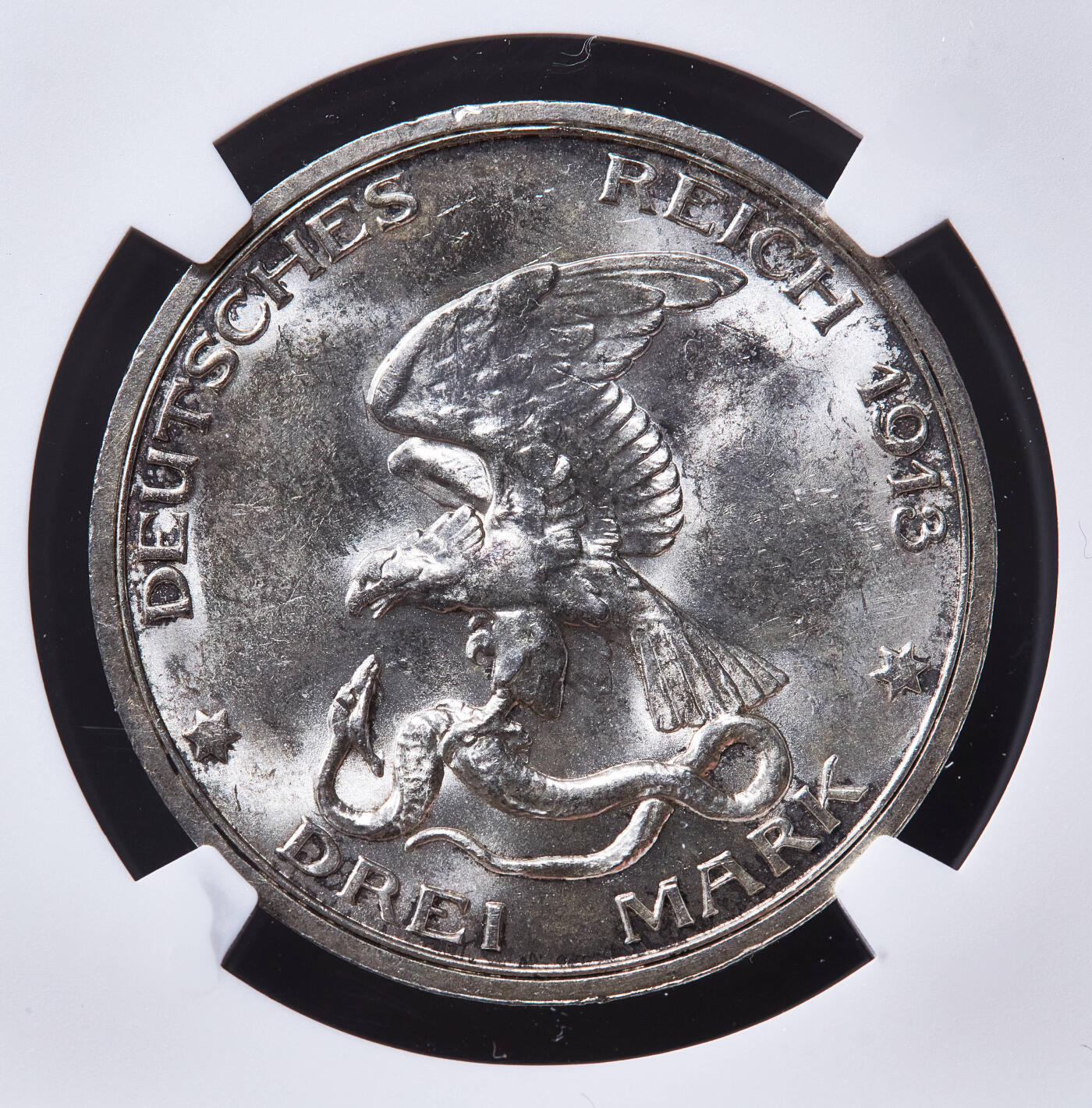 【俄甄集藏】2026年(049)03-18星期三 晚 19:30 全场包邮 德国普鲁士1913年A版反法战争胜利百年3马克银币，NGC MS63，原味包浆，转光品相