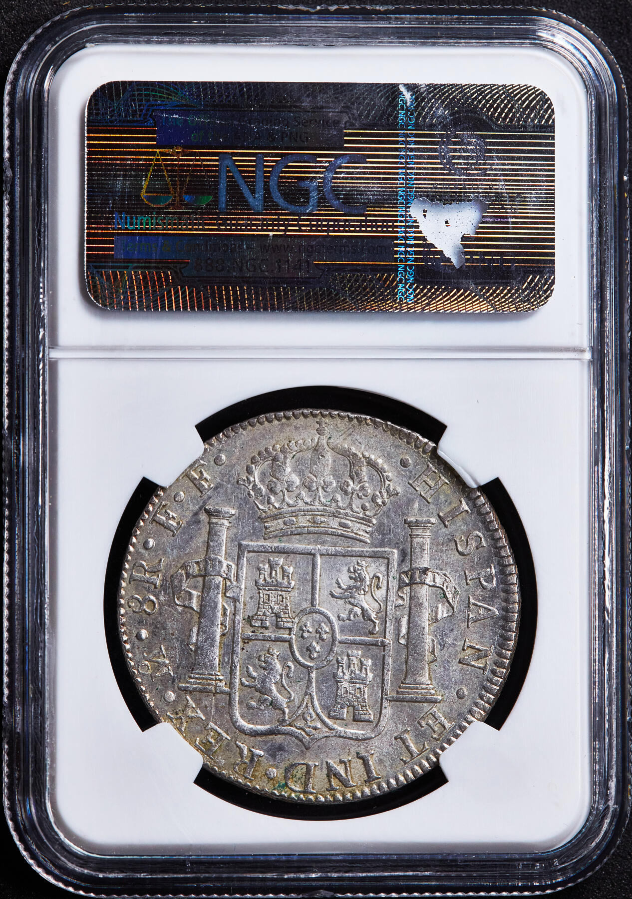 【俄甄集藏】2026年(049)03-18星期三 晚 19:30 全场包邮 西属墨西哥1781年卡洛斯三世Mo FF版8里亚尔双柱大银币，NGC AU58，类精制底板，原光品相，打制周正难得